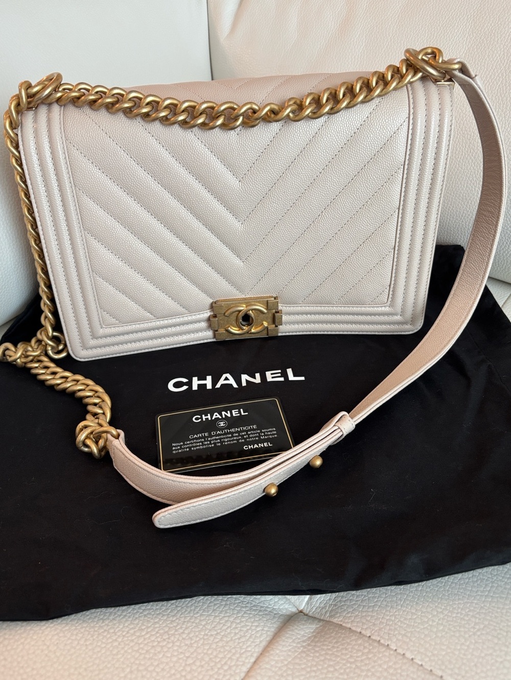 Chanel Beige Chevron Boy Caviar Leather Shoulder Bag w/ Gold Chain; dust bag